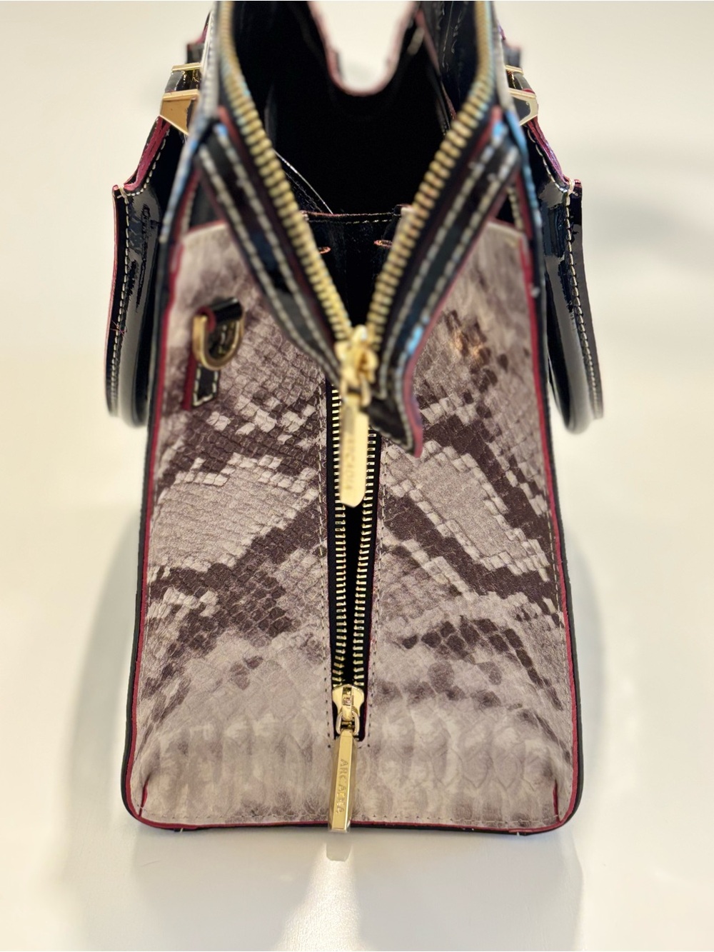 Arcadia Patent Leather Snakeskin Trim Satchel - Picture 8 of 14